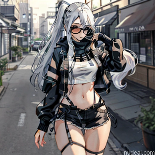 ai nude image of pics of Woman One Skinny Long Hair 20s Seductive White Hair Straight Bangs White Close-up View Crop Top Jacket Short Shorts Whale Tail (Clothing) Thigh Socks Tokyo Urban Samurai V2 Thin Round Glasses