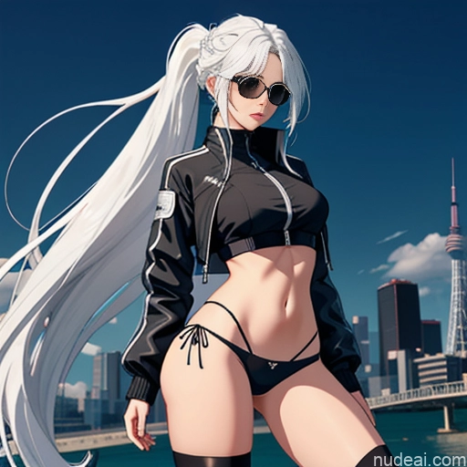 Woman One Skinny Long Hair 20s Seductive White Hair Straight Bangs White Close-up View Crop Top Jacket Short Shorts Whale Tail (Clothing) Thigh Socks Tokyo Urban Samurai V2 MASK