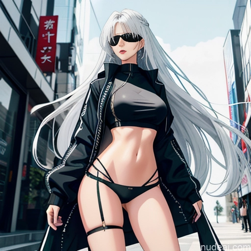 ai nude image of pics of Woman One Skinny Long Hair 20s Seductive White Hair Straight Bangs White Close-up View Crop Top Jacket Short Shorts Whale Tail (Clothing) Thigh Socks Tokyo Urban Samurai V2 MASK