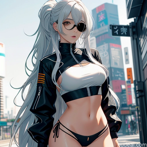 Woman One Skinny Long Hair 20s Seductive White Hair Straight Bangs White Close-up View Crop Top Jacket Short Shorts Whale Tail (Clothing) Thigh Socks Tokyo Urban Samurai V2 MASK Cyberpunk