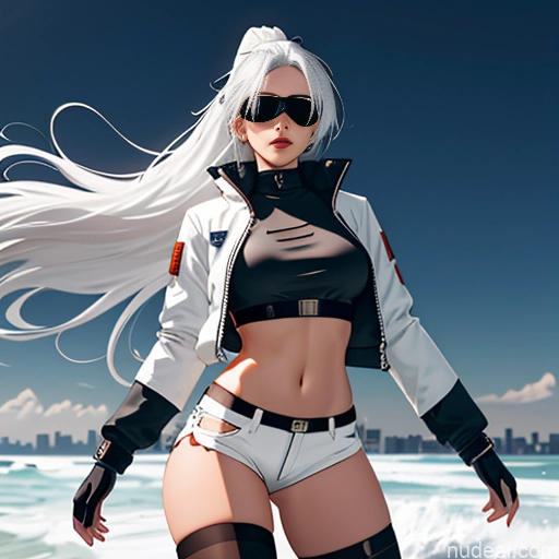 related ai porn images free for Woman One Skinny Long Hair 20s Seductive White Hair Straight Bangs White Close-up View Crop Top Jacket Short Shorts Whale Tail (Clothing) Thigh Socks Tokyo Urban Samurai V2 MASK Cyberpunk