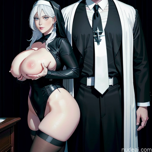 Nun No Panties? Jewelry Dark Lighting Detailed Breast Grab Church Sexy Face Huge Boobs Big Hips Big Ass Two Woman + Man WhiteHairBlueEye