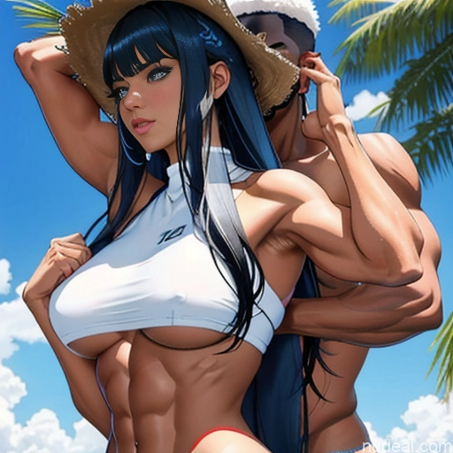 ai nude image of pics of Model Athlete Woman + Man Two Busty Beautiful Muscular Abs Tall Long Hair Tanned Skin 20s Seductive Sexy Face Deep Blue Eyes Black Hair Bangs Straight Hime Cut Anime Front View Bathing Nipple Tweak Nude Hentai Breast Grab(sex Position) Shower Against Glass Sex