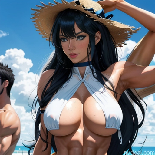 ai nude image of pics of Model Athlete Woman + Man Two Busty Beautiful Muscular Abs Tall Long Hair Tanned Skin 20s Seductive Sexy Face Deep Blue Eyes Black Hair Bangs Straight Hime Cut Anime Front View Bathing Nipple Tweak Nude Hentai Breast Grab(sex Position) Shower Against Glass Sex Topless