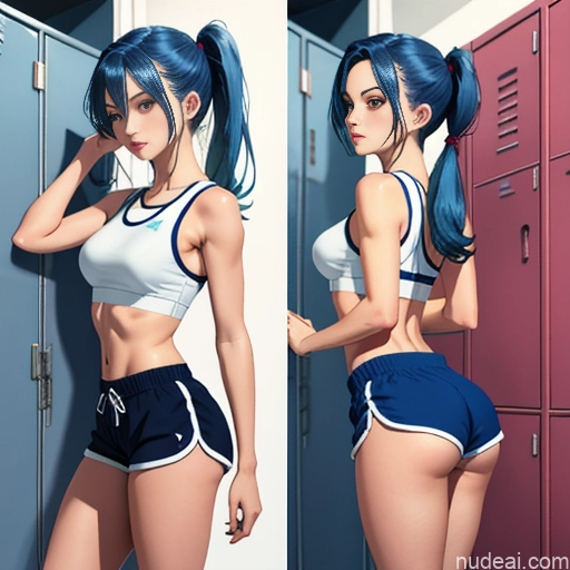 One Sorority Skinny Small Tits Small Ass Short Perfect Body 18 Blue Hair Pigtails White Locker Room Dolphin Shorts Short Shorts Shirt Transparent Soft Anime Illustration