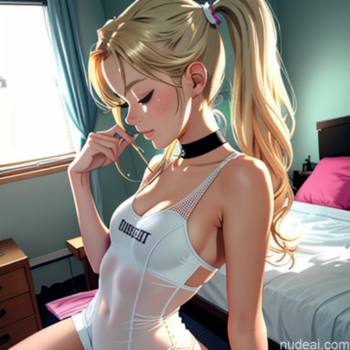 Sorority One Skinny Small Tits Small Ass 18 Blonde Pigtails White Soft Anime Bedroom Side View Sleeping 90s Jumpsuit Mesh