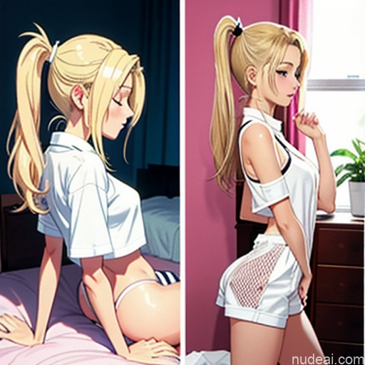 Sorority One Skinny Small Tits Small Ass 18 Blonde Pigtails White Soft Anime Bedroom Side View Sleeping 90s Jumpsuit Mesh