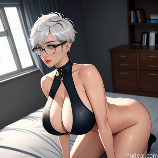 ai nude image of pics of Woman Milf One Huge Boobs Busty Glasses Big Ass Thick Short Hair 30s 40s Seductive White Hair Black Hair Blonde Straight Messy 3d Crisp Anime Bedroom Kitchen Front View Side View Spreading Legs On Back Straddling Nude Lingerie