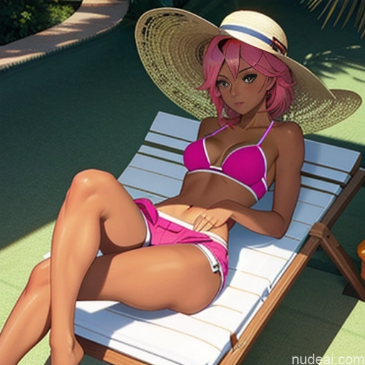 Lingerie Model Small Ass Tanned Skin Dark Skin Pink Hair Mesh Short Shorts