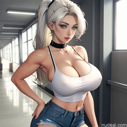 ai nude image of pics of Woman One Huge Boobs Perfect Boobs Beautiful Perfect Body Huge Tits, Hard Nipples 18 Seductive Blonde White Hair Ponytail Soft + Warm Skin Detail (beta) School Hallway Short Shorts Tank Top Cleavage Transparent Jeans Undone Jewelry Pokies