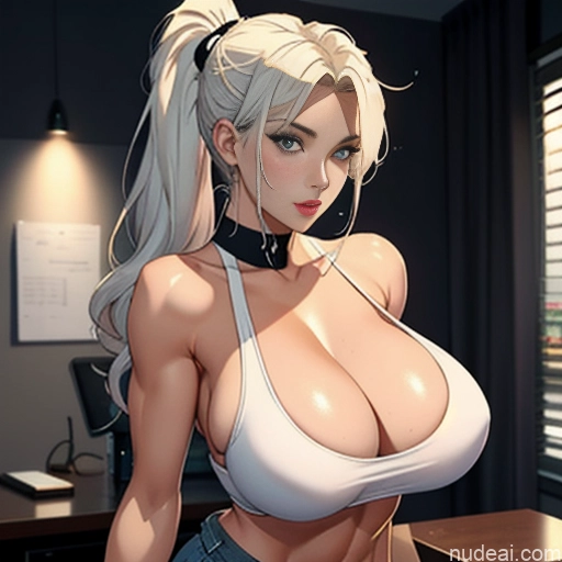 ai nude image of pics of Woman One Huge Boobs Perfect Boobs Beautiful Perfect Body Huge Tits, Hard Nipples 18 Seductive Blonde White Hair Ponytail Soft + Warm Skin Detail (beta) Short Shorts Tank Top Cleavage Transparent Jeans Undone Jewelry Pokies Office Dark Lighting