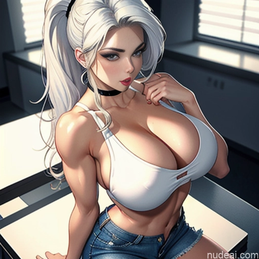 ai nude image of pics of Woman One Huge Boobs Perfect Boobs Beautiful Perfect Body Huge Tits, Hard Nipples 18 Blonde White Hair Ponytail Soft + Warm Skin Detail (beta) Short Shorts Tank Top Cleavage Transparent Jeans Undone Jewelry Pokies Office Dark Lighting Pouting Lips Sexy Face