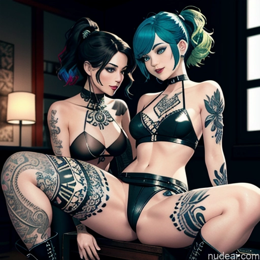 ai nude image of pics of Model Two Tattoos Short Hair Small Ass Small Tits 20s Laughing Blue Hair Pigtails Dark Fantasy Straddling Bending Over Boots Choker Fishnet Leather Micro Skirt Gloves Goth Partially Nude Transparent Bedroom Green Hair Ginger