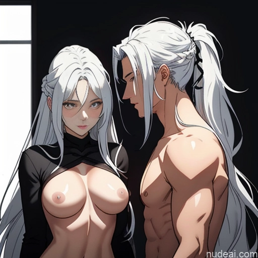 ai nude image of pics of Woman + Man Two Perfect Boobs Beautiful Perfect Body Long Hair 18 Orgasm White Hair Bobcut Japanese Soft Anime Side View Cumshot Nude Dark Lighting Detailed