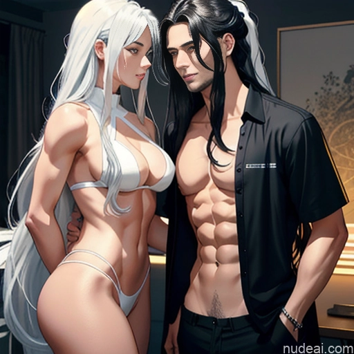 ai nude image of pics of Woman + Man Two Perfect Boobs Beautiful Perfect Body Long Hair 18 Orgasm White Hair Bobcut Japanese Soft Anime Side View Cumshot Nude Dark Lighting Detailed Bedroom Topless