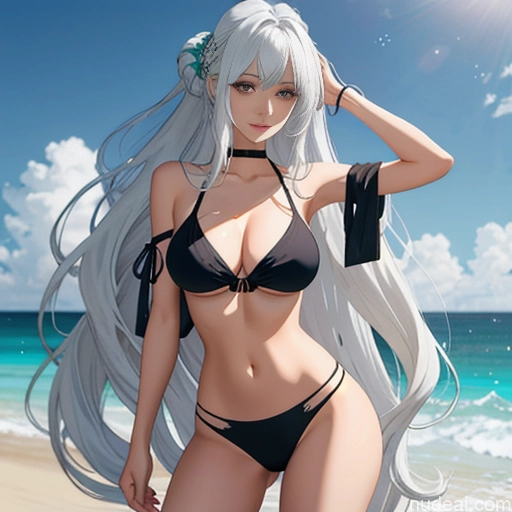 ai nude image of pics of Woman One Skinny Long Hair 20s Seductive White Hair Bangs Messy White Soft Anime Beach Yoga True Off-shoulder Bikini Crisp Anime