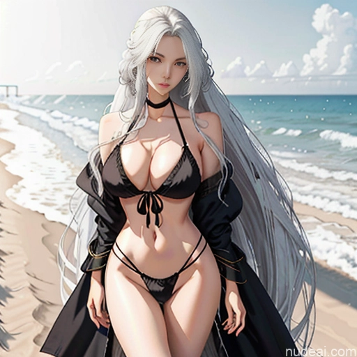 ai nude image of pics of Woman One Skinny Long Hair 20s Seductive White Hair Bangs Messy White Soft Anime Beach True Off-shoulder Bikini Crisp Anime Legspread