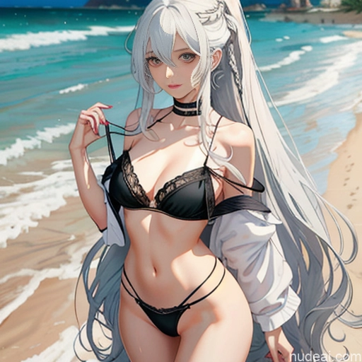 Woman One Skinny Long Hair 20s Seductive White Hair Bangs Messy White Soft Anime Beach True Off-shoulder Bikini Crisp Anime Undressing Bra