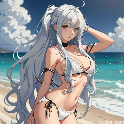 ai nude image of pics of Woman One Skinny Long Hair 20s Seductive White Hair Bangs Messy White Soft Anime Beach True Off-shoulder Bikini Crisp Anime Undressing Bra Beautiful