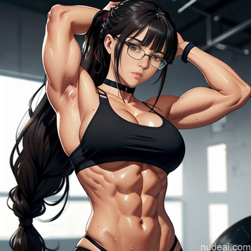 ai nude image of pics of Full Frontal Thong Topless Bondage T-pose Prison Woman Model Athlete Busty Muscular Abs Tall Long Hair 20s Serious Brunette Bangs Straight Hime Cut Working Out