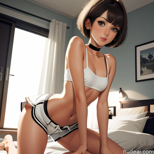 ai nude image of pics of One Sorority Skinny Small Tits Small Ass Short Short Hair Brunette Pixie Messy White Soft Anime Bedroom Choker Micro Shorts