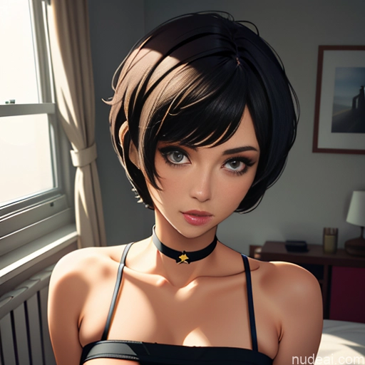 ai nude image of pics of One Sorority Skinny Small Tits Small Ass Short Short Hair Brunette Pixie Messy White Soft Anime Bedroom Choker Mesh Jumpsuit Blowjob Devil