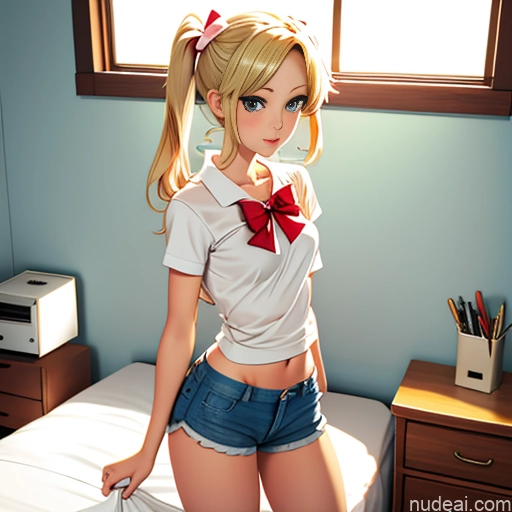 One Sorority Skinny Small Tits Small Ass Blonde Pigtails White Warm Anime Bedroom Bows Shirt Short Shorts