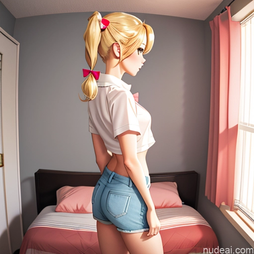 One Sorority Skinny Small Tits Small Ass Blonde Pigtails White Warm Anime Bedroom Bows Shirt Short Shorts