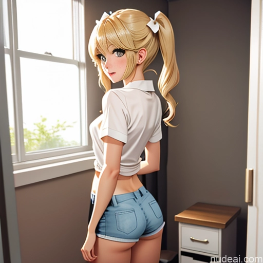 One Sorority Skinny Small Tits Small Ass Blonde Pigtails White Warm Anime Bedroom Bows Shirt Short Shorts