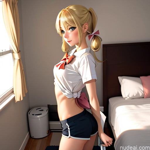 One Sorority Skinny Small Tits Small Ass Blonde Pigtails White Warm Anime Bedroom Bows Shirt Short Shorts