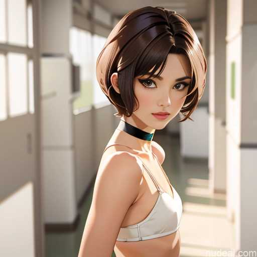 One Sorority Skinny Small Tits Small Ass Short Short Hair School Hallway 18 Brunette Pixie White Soft Anime Pose 不小心摔倒 Fallen_down Choker Hapa Doll Likeness