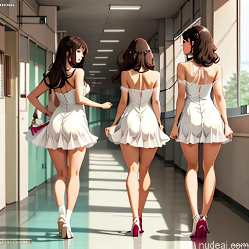 One Milf School Hallway Brunette Straight White Soft Anime Scissors Pose See-Through Dress