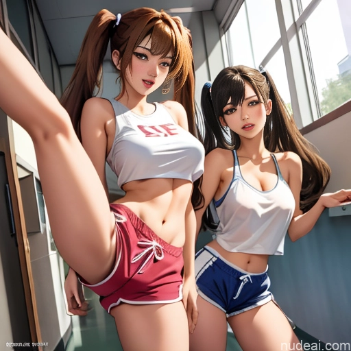 Asian Sorority Two 18 Sexy Face Blonde Brunette Pigtails Straight Soft Anime School Hallway Dolphin Shorts Scissors Pose