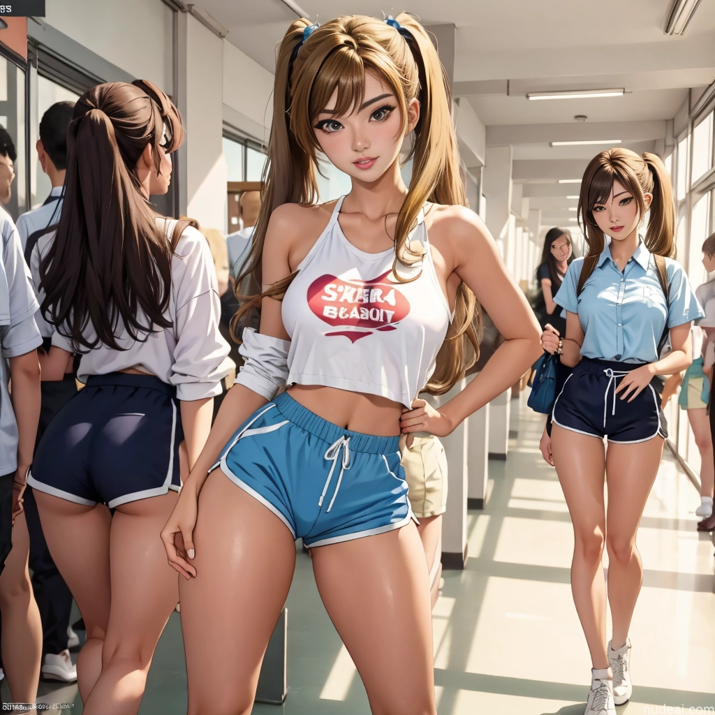 Asian Sorority Two 18 Sexy Face Blonde Brunette Pigtails Straight Soft Anime School Hallway Dolphin Shorts Scissors Pose