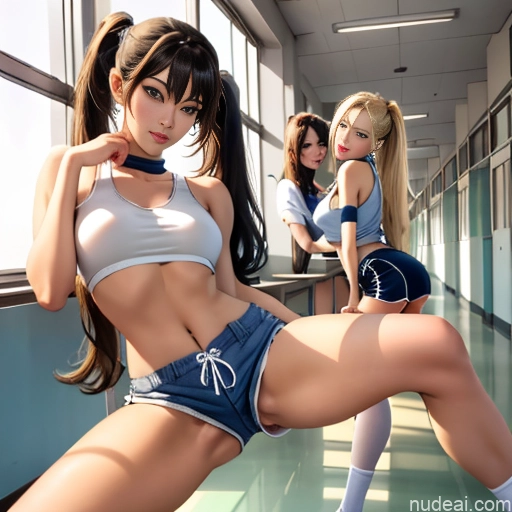 Asian Sorority Two 18 Sexy Face Blonde Brunette Pigtails Straight Soft Anime School Hallway Dolphin Shorts Scissors Pose