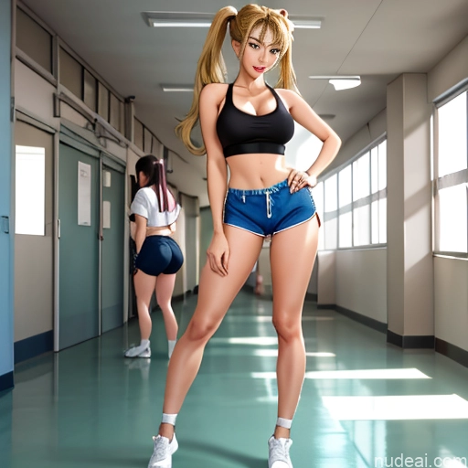 Asian Sorority Two 18 Sexy Face Blonde Brunette Pigtails Straight Soft Anime School Hallway Dolphin Shorts Scissors Pose