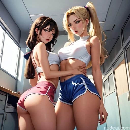 Asian Sorority Two 18 Sexy Face Blonde Brunette Pigtails Straight School Hallway Dolphin Shorts Scissors Pose On Back Cumshot Crisp Anime Skin Detail (beta) Anime Blowjob