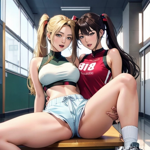 ai nude image of pics of Asian Sorority Two 18 Sexy Face Blonde Brunette Pigtails Straight School Hallway Dolphin Shorts Scissors Pose On Back Cumshot Crisp Anime Skin Detail (beta) Anime Detailed