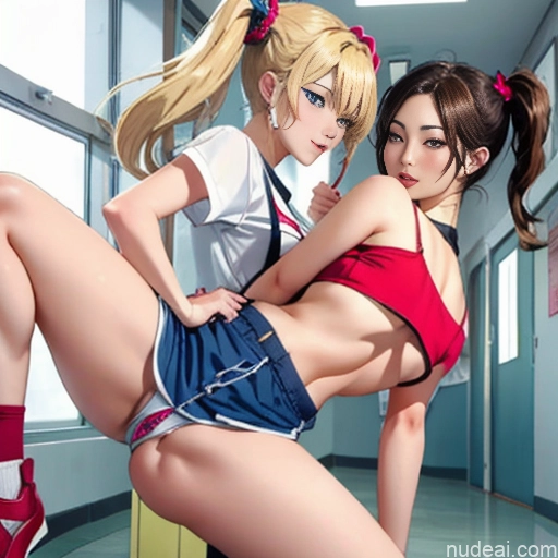 ai nude image of pics of Asian Sorority Two 18 Sexy Face Blonde Brunette Pigtails Straight School Hallway Dolphin Shorts Scissors Pose On Back Cumshot Crisp Anime Skin Detail (beta) Anime Detailed