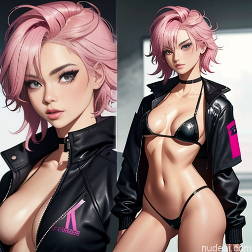 ai nude image of pics of Small Tits Small Ass Pink Hair Partially Nude 18 Close-up View Working Out Jacket