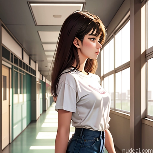 related ai porn images free for Soft Anime One Sorority School Hallway 18 Brunette Straight White Side View Sleeping Shirt High-waist Denim Shorts