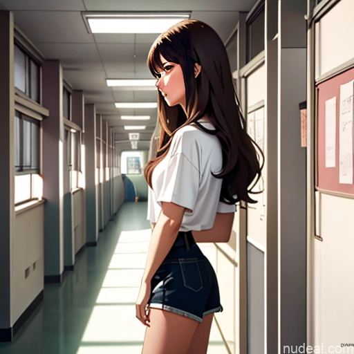 Soft Anime One Sorority School Hallway 18 Brunette Straight White Side View Sleeping Shirt High-waist Denim Shorts