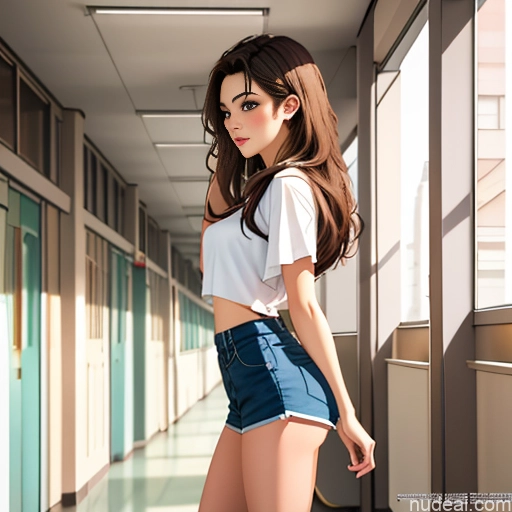 One Sorority 18 Brunette Straight White Soft Anime Side View Shirt High-waist Denim Shorts Sleeping School Hallway