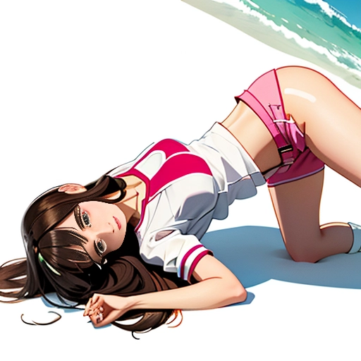 One Sorority Brunette White High-waist Denim Shorts Illustration Soft Anime Pose 不小心摔倒 Fallen_down