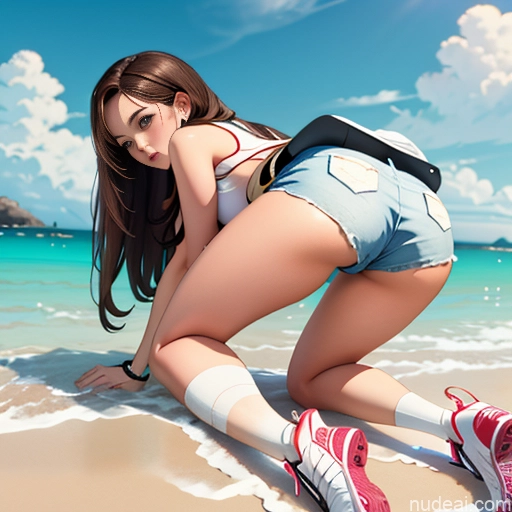 ai nude image of pics of One Sorority Brunette White Big Ass High-waist Denim Shorts Soft Anime Illustration Pose 不小心摔倒 Fallen_down