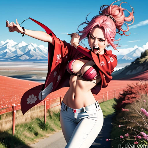 Kimono No Panties? Jewelry White Japanese Mmitsuri Laughing Angry Pink Hair Green Hair Huge Boobs Big Hips One Woman Mountains Meadow Bright Lighting Simple Crisp Anime Braided Long Legs Fairer Skin