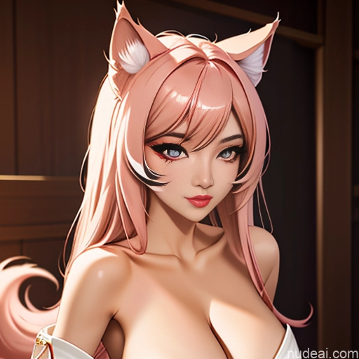 ai nude image of pics of Ahri, 1girl, Long Hair, Animal Ears, Whisker Markings, Korean Clothes, Cleavage, Detached Sleeves