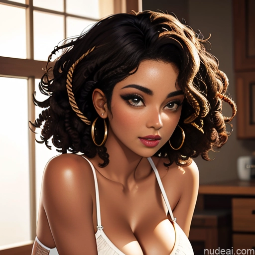 ai nude image of pics of Dark Skin African Tribal Goth Huge Boobs Beautiful Short Hair Curly Hair Sexy Face Close-up View Squatting Bending Over Bra Casual Cleavage