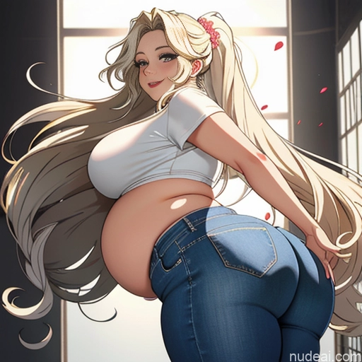 ai nude image of pics of Woman One Small Tits Big Ass Thick Big Hips Pregnant Long Hair Chubby 20s Happy Blonde Ponytail White Soft Anime Prison Side View Yoga Jeans