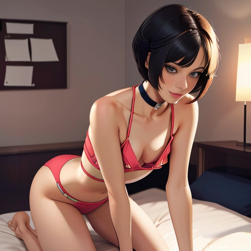 ai nude image of pics of One Sorority Skinny Small Tits Small Ass Short Short Hair 18 Brunette Pixie White Soft Anime Choker Pajamas Bedroom Sleeping Downblouse: 俯身露乳